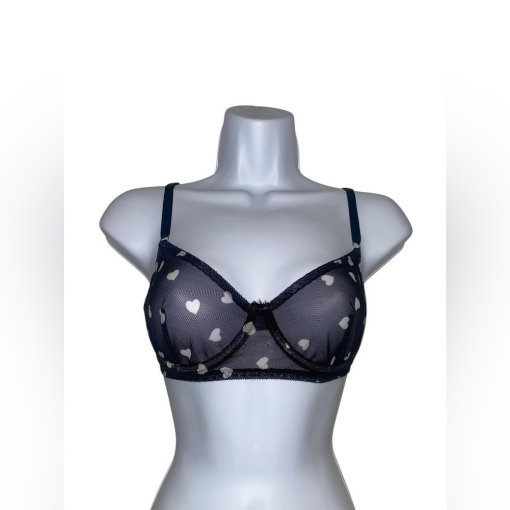 Black and white heart print mesh underwire bra